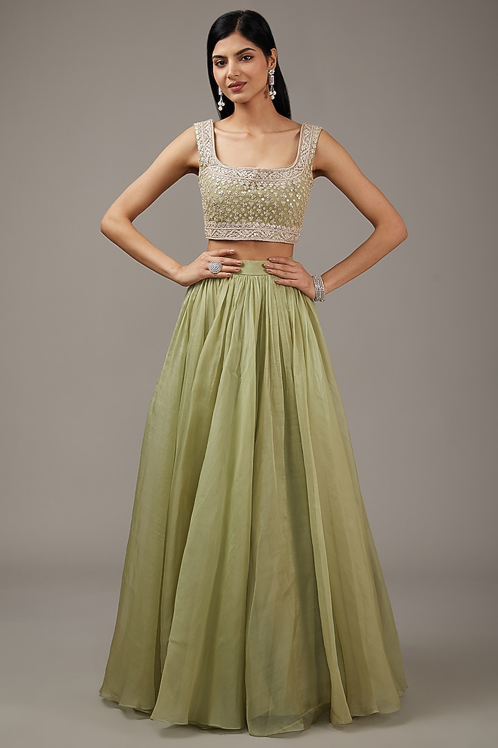 Mint Green Chiffon Jacket Wedding Lehenga Set by Ridhi Mehra at Pernia's Pop Up Shop