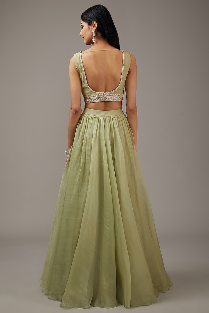 Mint Green Chiffon Jacket Wedding Lehenga Set by Ridhi Mehra at Pernia's Pop Up Shop