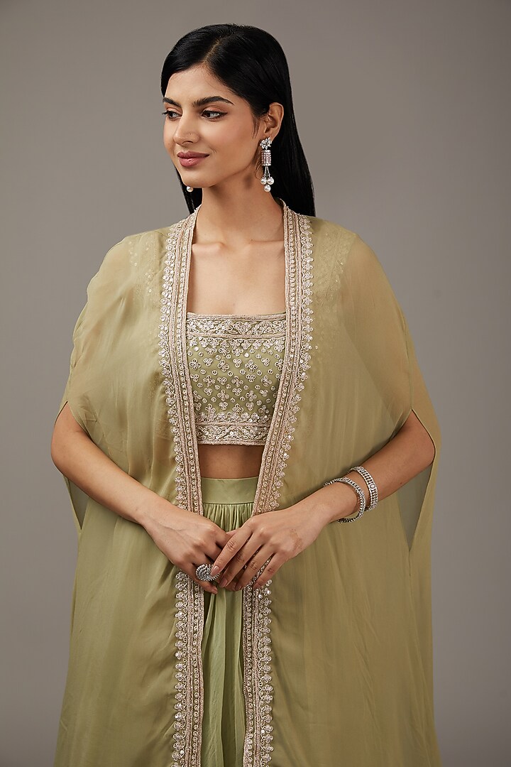 Mint Green Chiffon Jacket Wedding Lehenga Set by Ridhi Mehra at Pernia's Pop Up Shop
