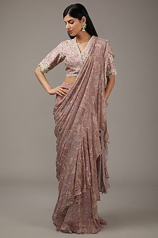 Dusty Pink Chiffon Printed Pre-Draped Saree Set by Ridhi Mehra