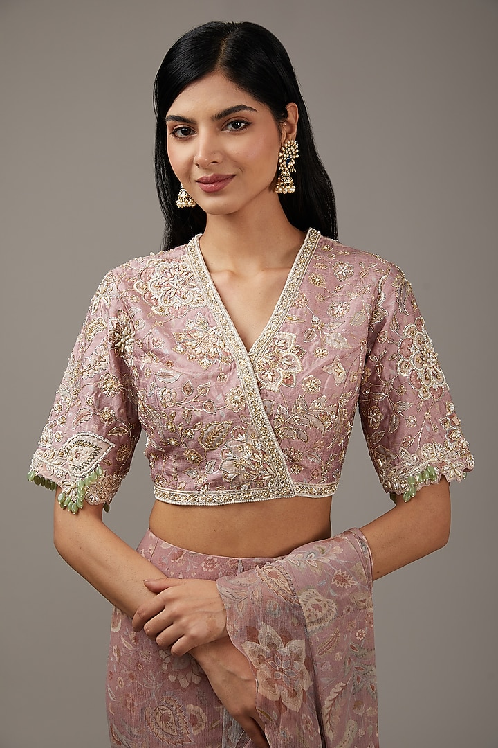 Dusty Pink Chiffon Printed Pre-Draped Reception Saree Set by Ridhi Mehra at Pernia's Pop Up Shop