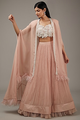 Dusty Pink Chiffon Jacket Lehenga Set by Ridhi Mehra