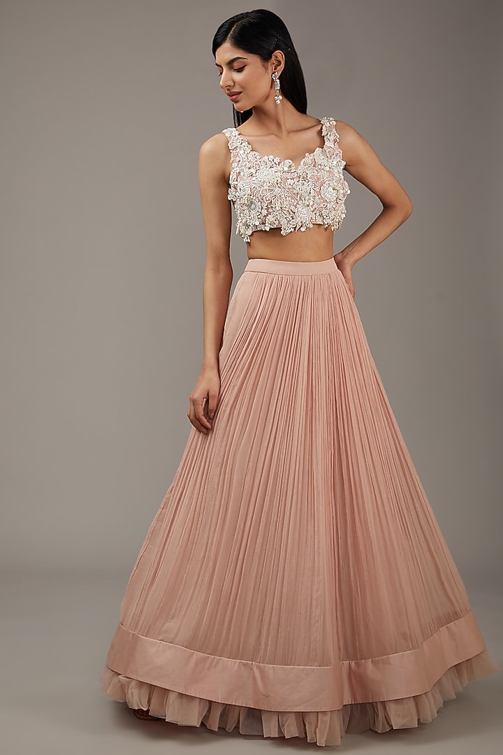 Dusty Pink Chiffon Jacket Wedding Lehenga Set by Ridhi Mehra at Pernia's Pop Up Shop