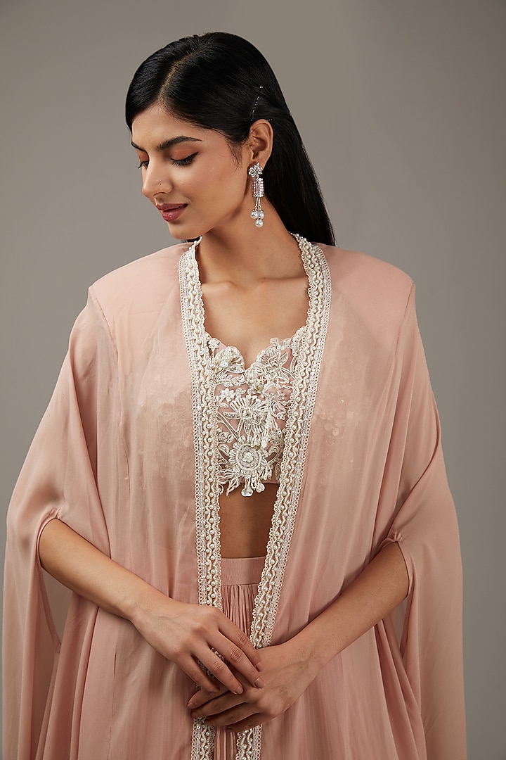 Dusty Pink Chiffon Jacket Wedding Lehenga Set by Ridhi Mehra at Pernia's Pop Up Shop