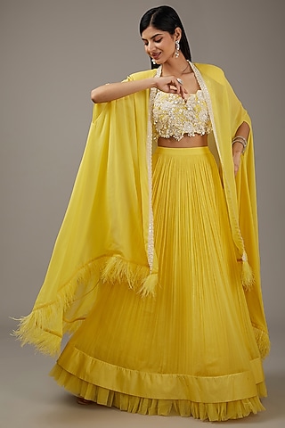 Yellow Chiffon Jacket Lehenga Set by Ridhi Mehra