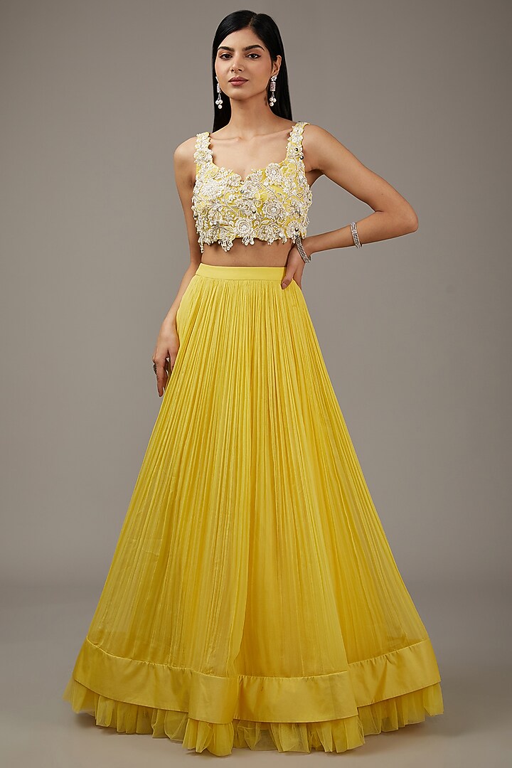 Yellow Chiffon Jacket Wedding Lehenga Set by Ridhi Mehra at Pernia's Pop Up Shop