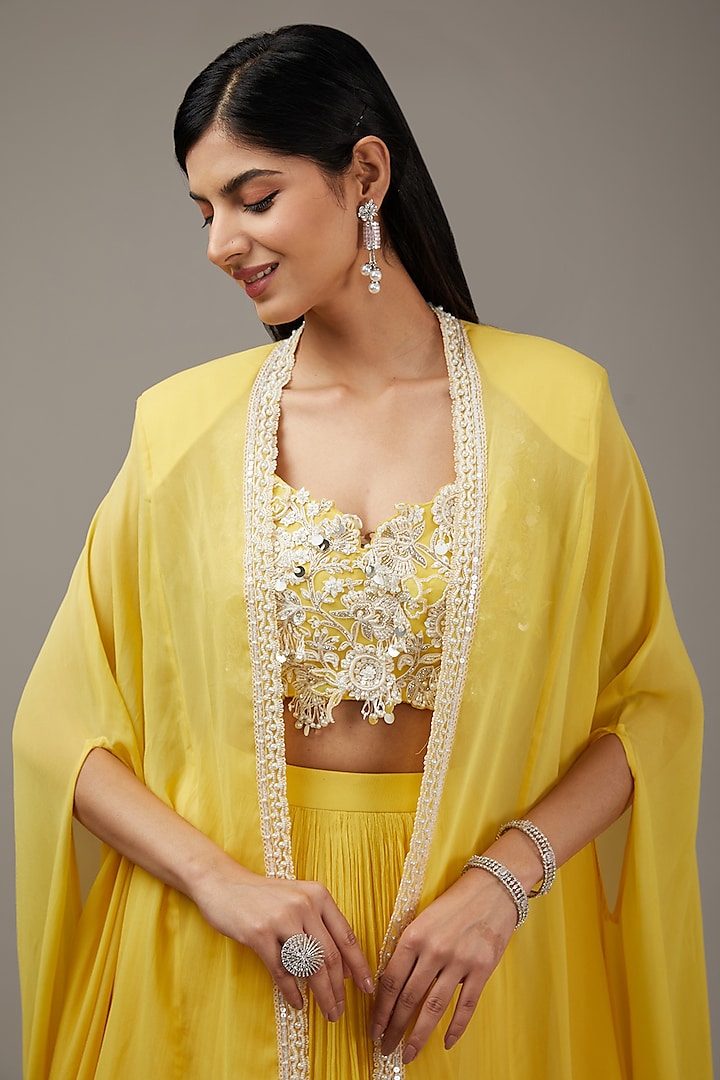 Yellow Chiffon Jacket Wedding Lehenga Set by Ridhi Mehra at Pernia's Pop Up Shop