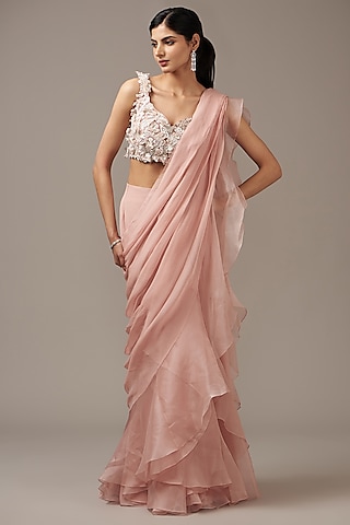 Dusky Pink Chiffon Draped Saree Set by Ridhi Mehra