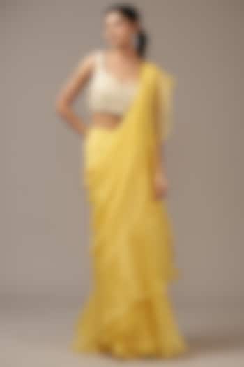Yellow Chiffon Draped Ruffled Reception Saree Set by Ridhi Mehra at Pernia's Pop Up Shop