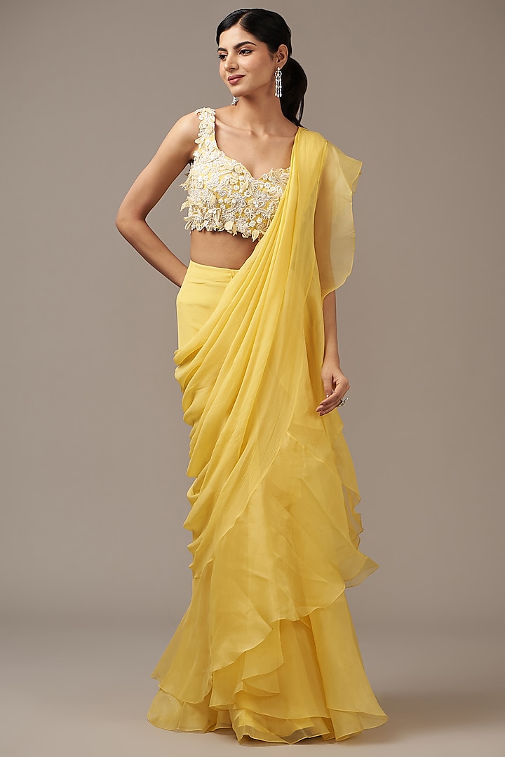 Yellow Chiffon Draped Ruffled Reception Saree Set by Ridhi Mehra at Pernia's Pop Up Shop