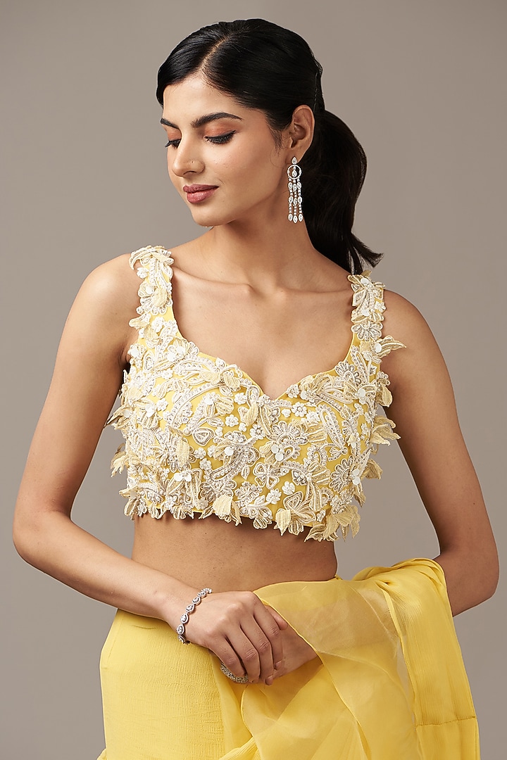 Yellow Chiffon Draped Ruffled Reception Saree Set by Ridhi Mehra at Pernia's Pop Up Shop