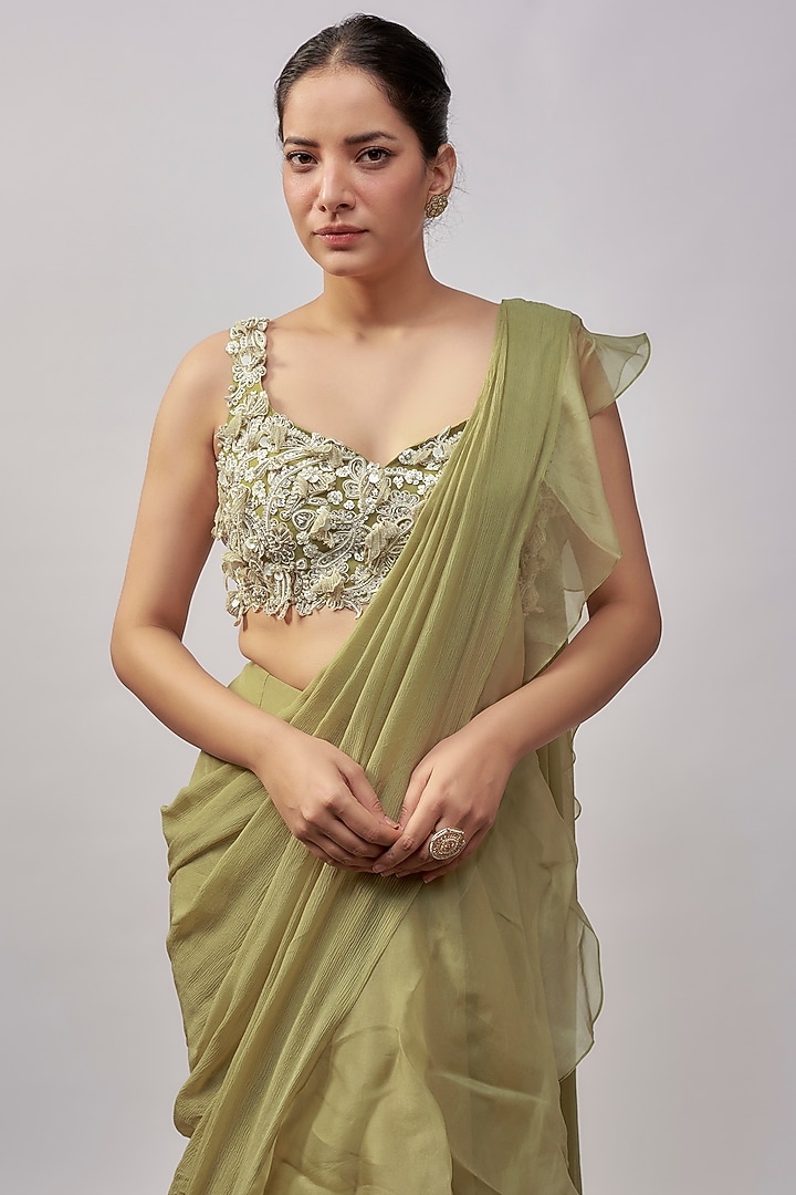 Sage Green Chiffon Draped Reception Saree Set by Ridhi Mehra at Pernia's Pop Up Shop