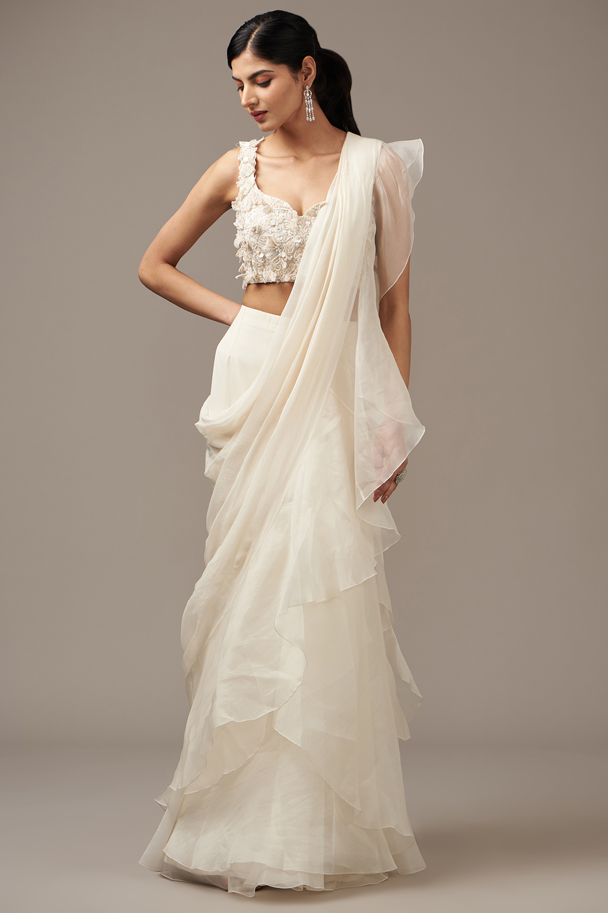 Ivory Chiffon Draped Ruffled Reception Saree Set by Ridhi Mehra at Pernia's Pop Up Shop