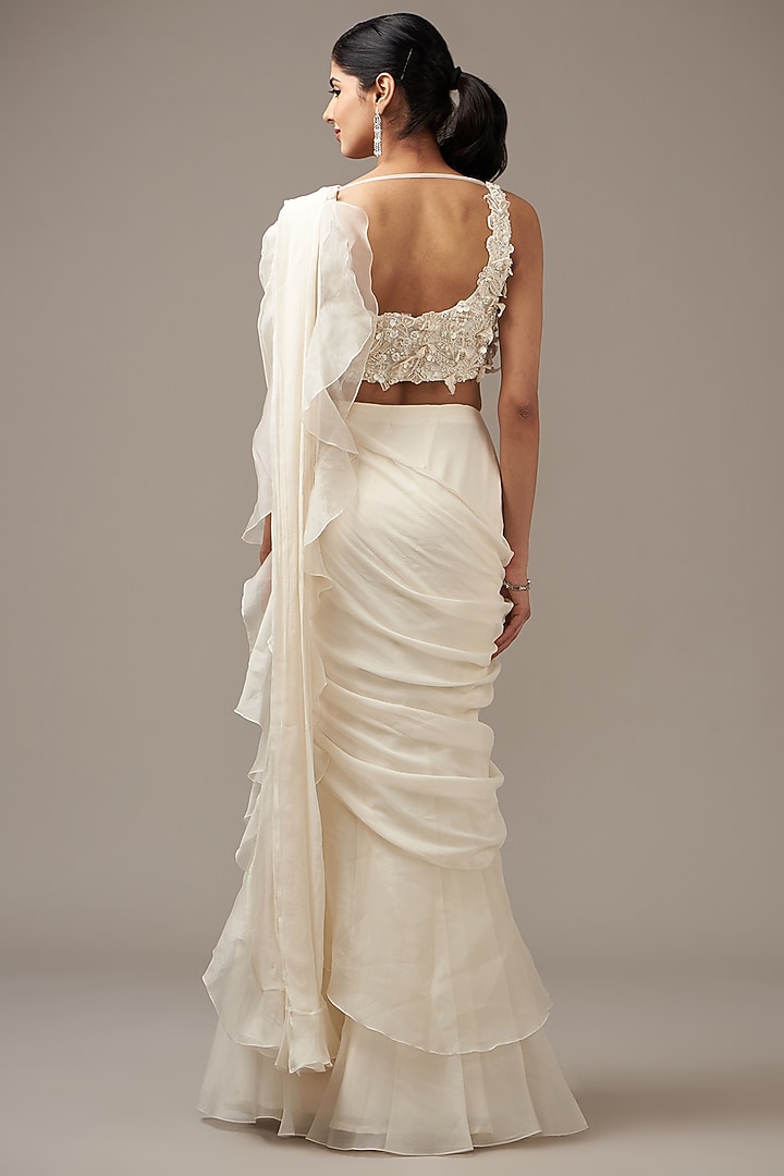 Ivory Chiffon Draped Ruffled Reception Saree Set by Ridhi Mehra at Pernia's Pop Up Shop
