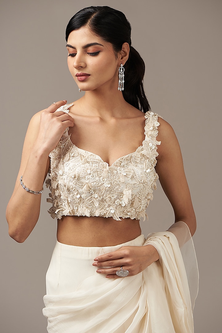 Ivory Chiffon Draped Ruffled Reception Saree Set by Ridhi Mehra at Pernia's Pop Up Shop
