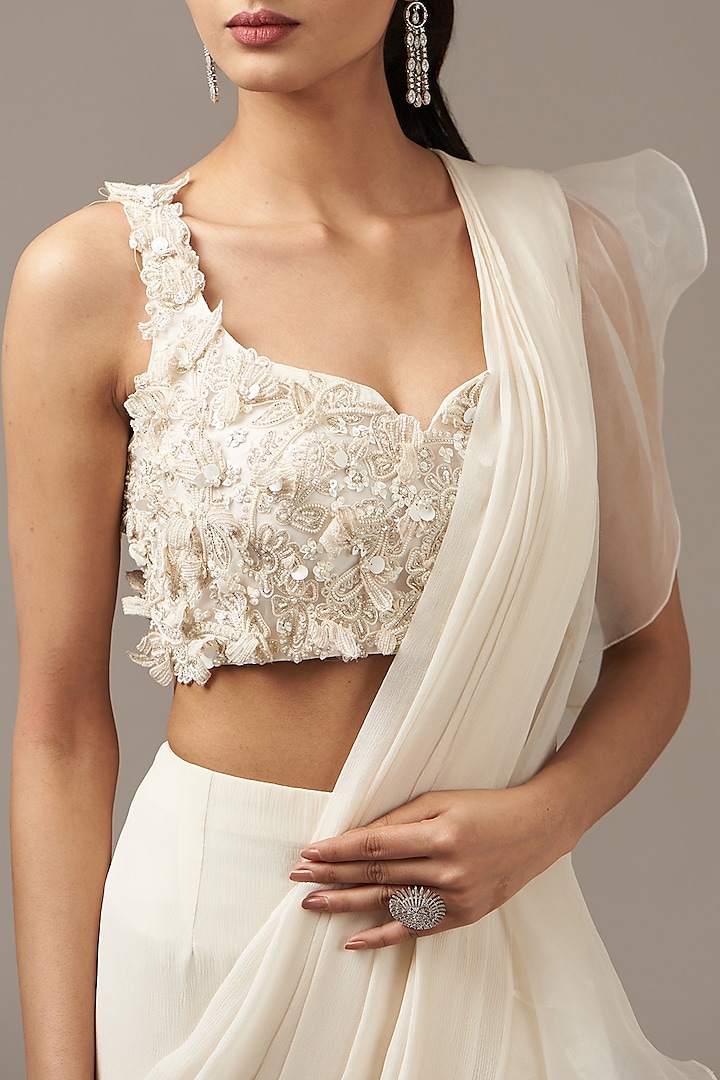 Ivory Chiffon Draped Ruffled Reception Saree Set by Ridhi Mehra at Pernia's Pop Up Shop
