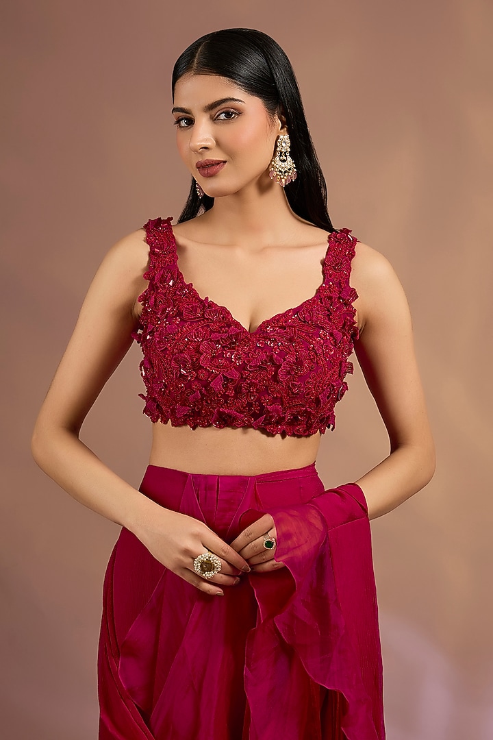 Red Chiffon Ruffled Pre-Draped Reception Saree Set by Ridhi Mehra at Pernia's Pop Up Shop