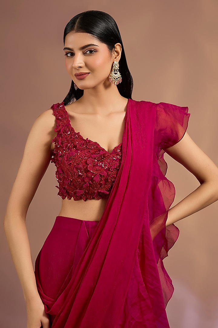Red Chiffon Ruffled Pre-Draped Reception Saree Set by Ridhi Mehra at Pernia's Pop Up Shop