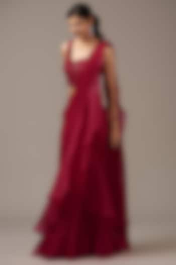 Red Chiffon Draped Ruffled Reception Saree Set by Ridhi Mehra at Pernia's Pop Up Shop