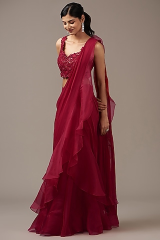 Red Chiffon Draped Ruffled Saree Set by Ridhi Mehra