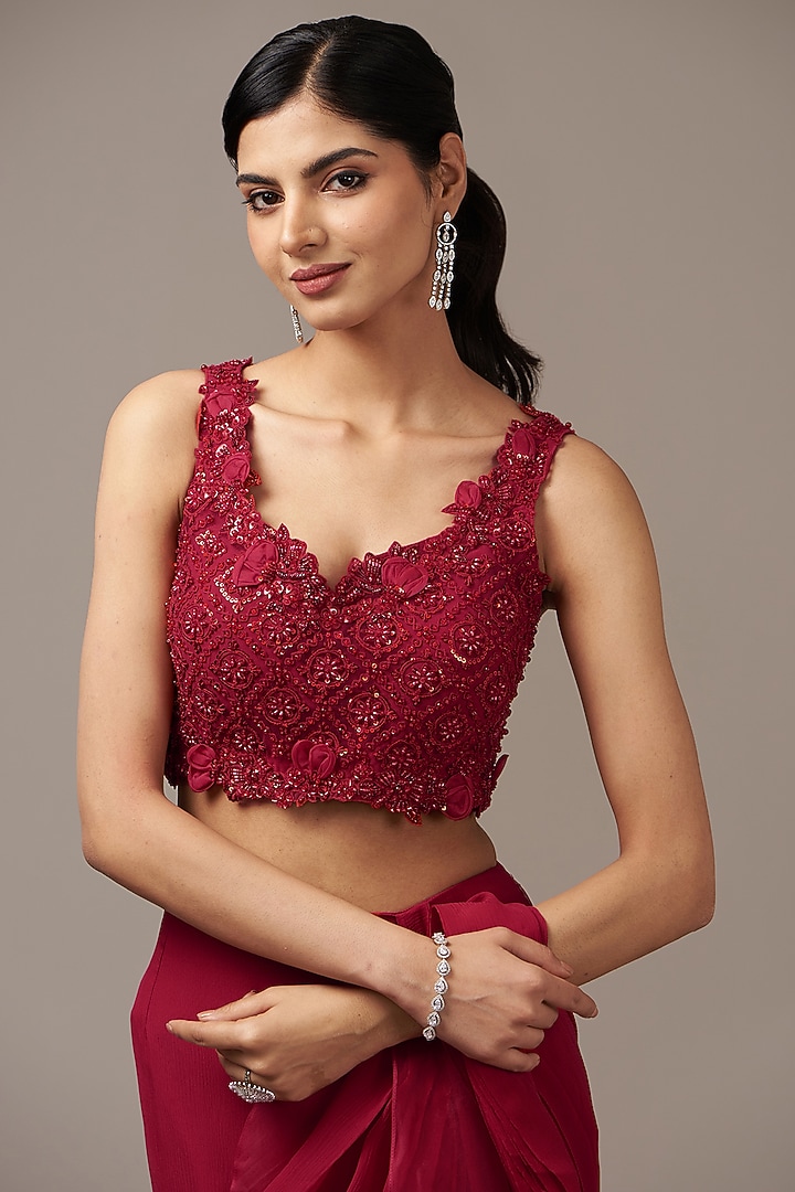 Red Chiffon Draped Ruffled Reception Saree Set by Ridhi Mehra at Pernia's Pop Up Shop