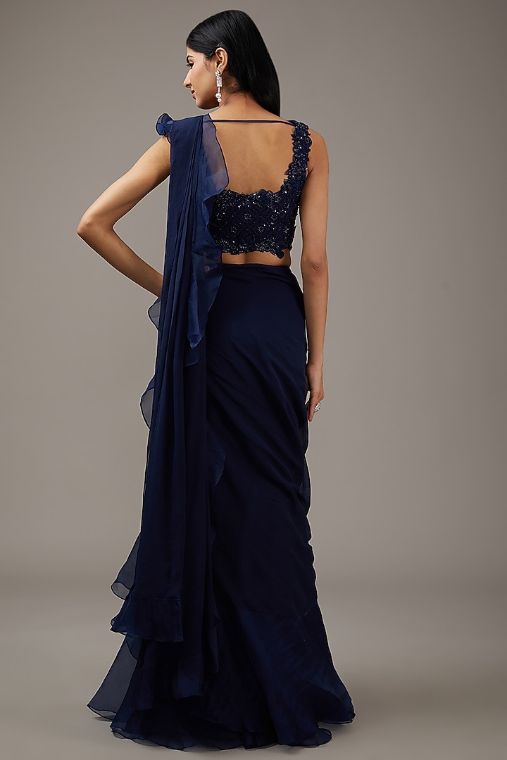 Navy Blue Chiffon & Organza Ruffled Draped Reception Saree Set by Ridhi Mehra at Pernia's Pop Up Shop