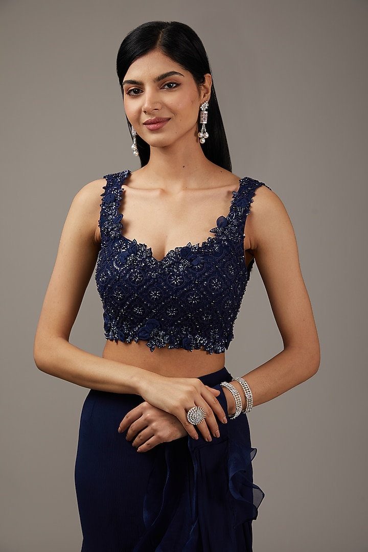 Navy Blue Chiffon & Organza Ruffled Draped Reception Saree Set by Ridhi Mehra at Pernia's Pop Up Shop