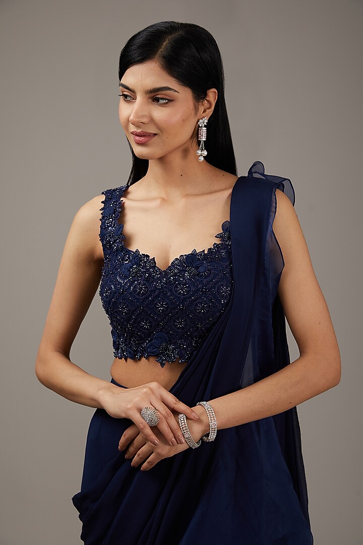 Navy Blue Chiffon & Organza Ruffled Draped Reception Saree Set by Ridhi Mehra at Pernia's Pop Up Shop