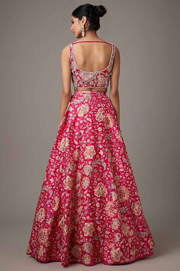 Royal Fuschia Raw Silk Printed Wedding Lehenga Set by Ridhi Mehra at Pernia's Pop Up Shop