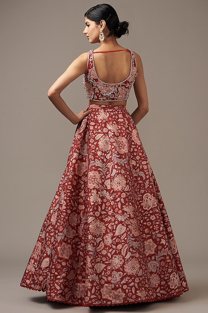 Red Raw Silk Printed Wedding Lehenga Set by Ridhi Mehra at Pernia's Pop Up Shop