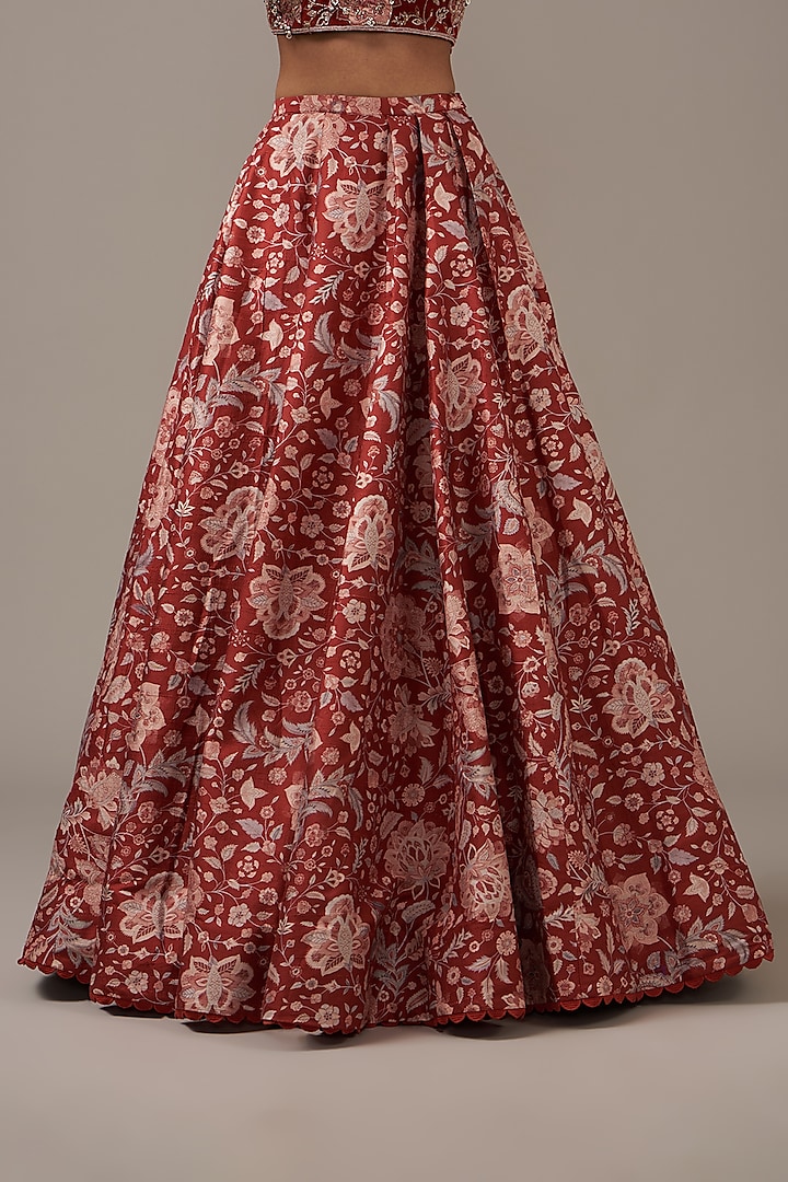 Red Raw Silk Printed Wedding Lehenga Set by Ridhi Mehra at Pernia's Pop Up Shop