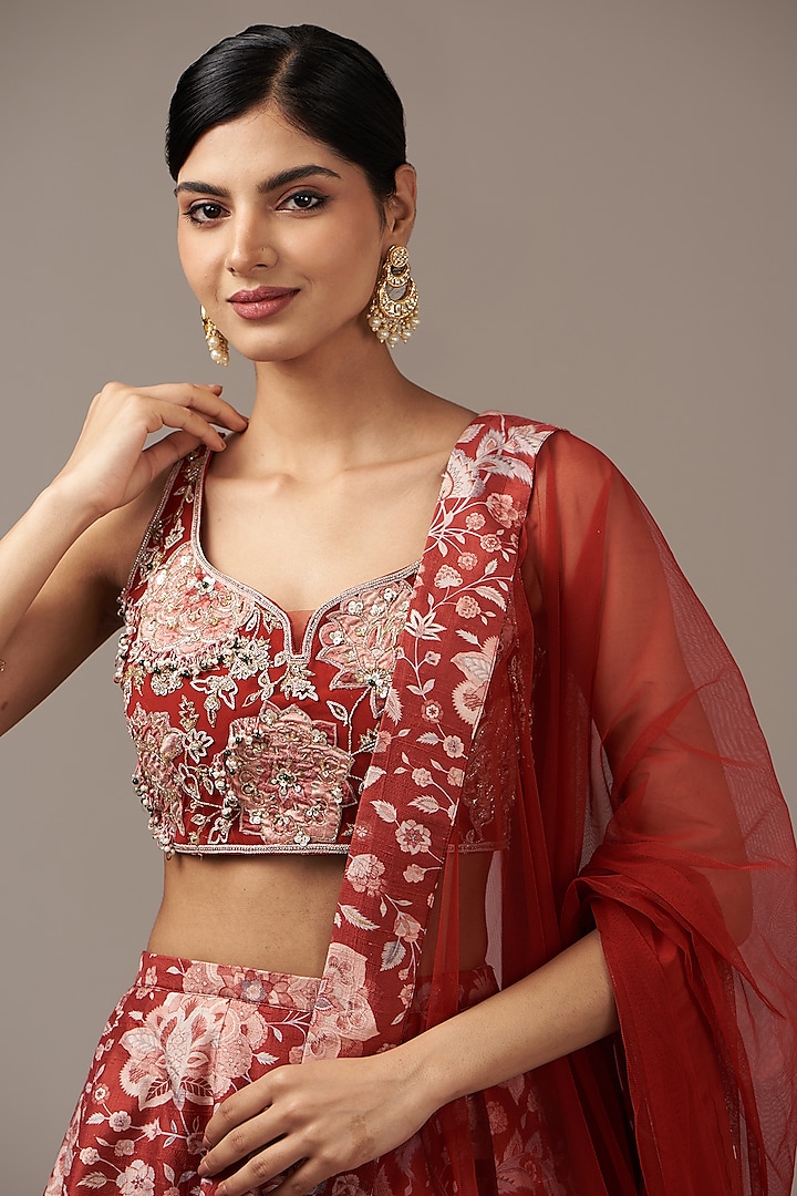 Red Raw Silk Printed Wedding Lehenga Set by Ridhi Mehra at Pernia's Pop Up Shop