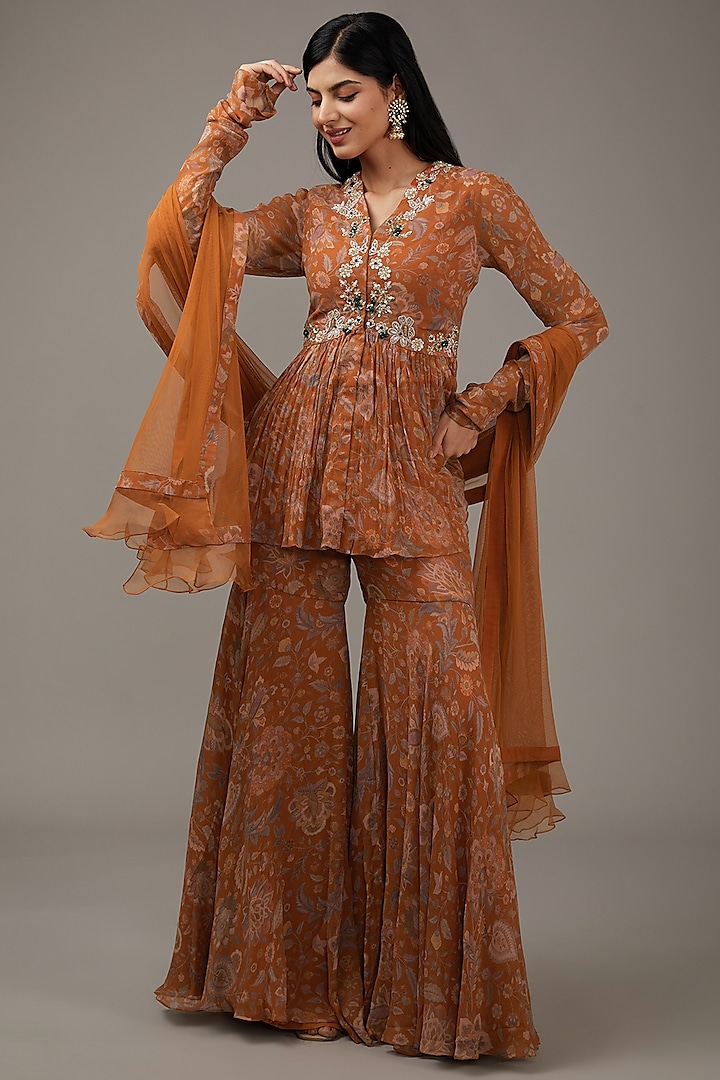 Orange Chiffon Printed Gharara Set by Ridhi Mehra
