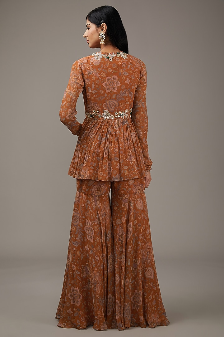 Orange Chiffon Printed Gharara Set by Ridhi Mehra at Pernia's Pop Up Shop