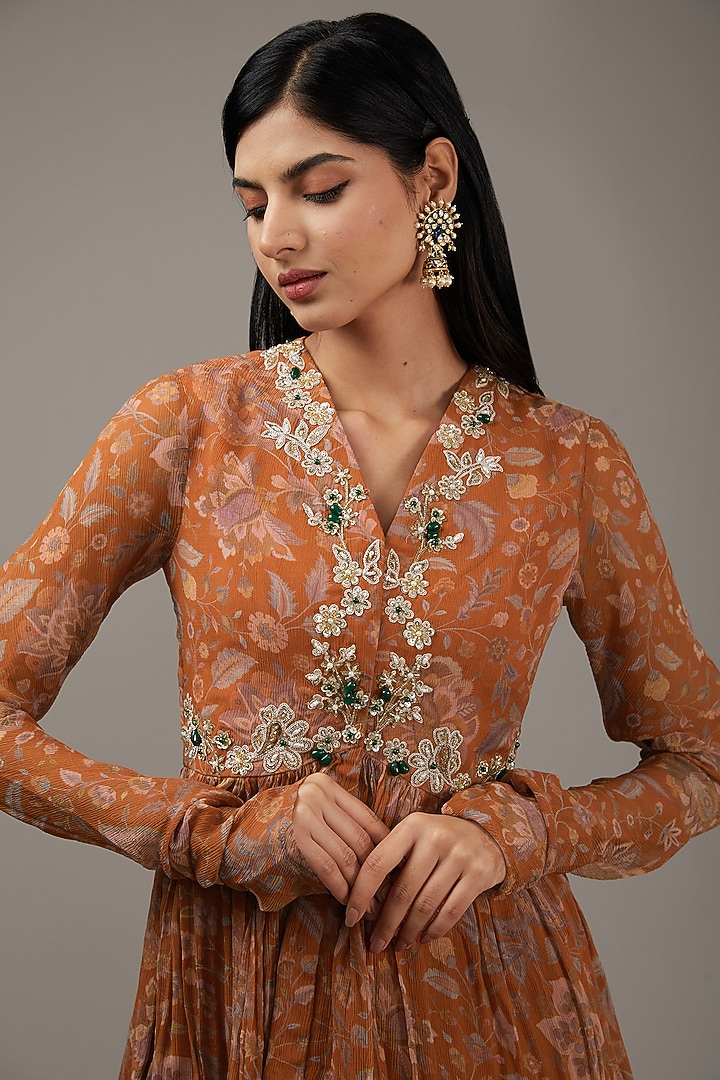 Orange Chiffon Printed Gharara Set by Ridhi Mehra at Pernia's Pop Up Shop