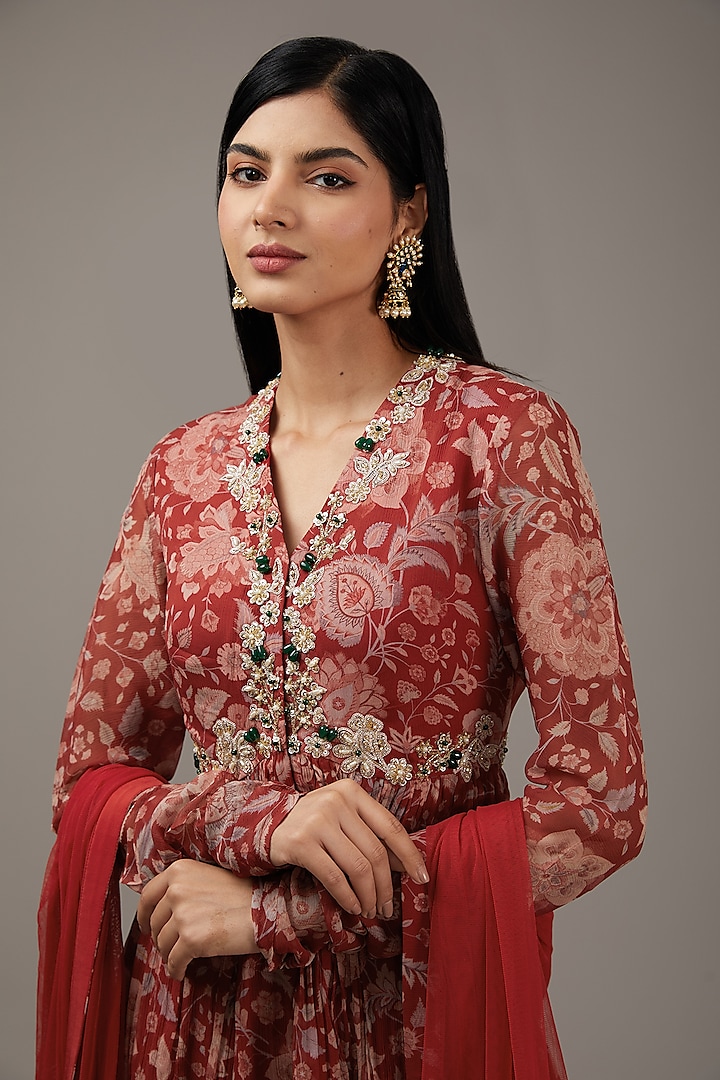 Red Ochre Chiffon Printed Gharara Set by Ridhi Mehra at Pernia's Pop Up Shop