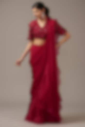Red Chiffon Draped Ruffled Reception Saree Set by Ridhi Mehra at Pernia's Pop Up Shop