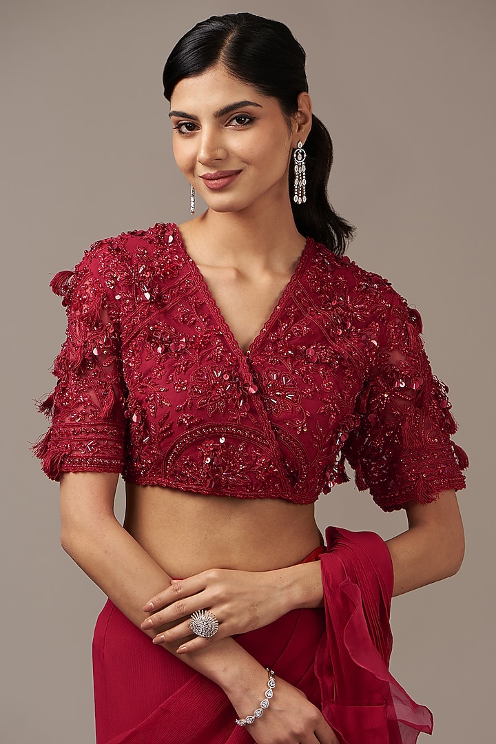 Red Chiffon Draped Ruffled Reception Saree Set by Ridhi Mehra at Pernia's Pop Up Shop