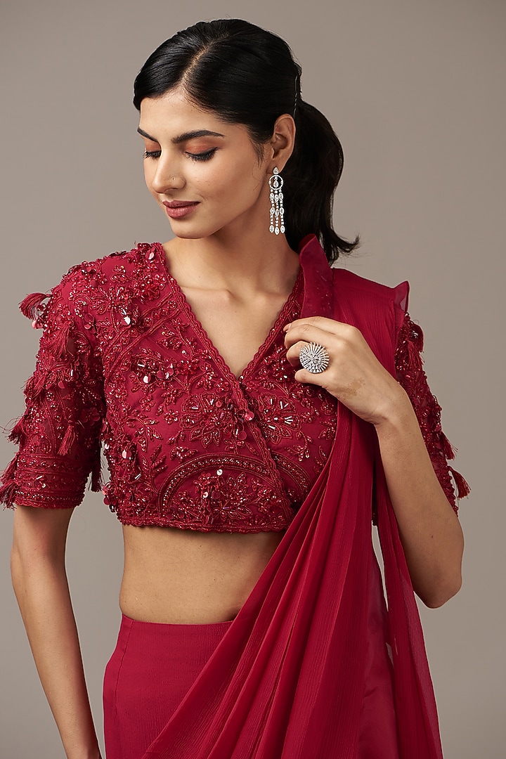 Red Chiffon Draped Ruffled Reception Saree Set by Ridhi Mehra at Pernia's Pop Up Shop