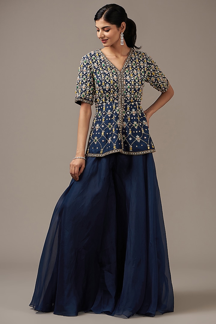 Navy Blue Organza Bridal Sharara Set by Ridhi Mehra at Pernia's Pop Up Shop