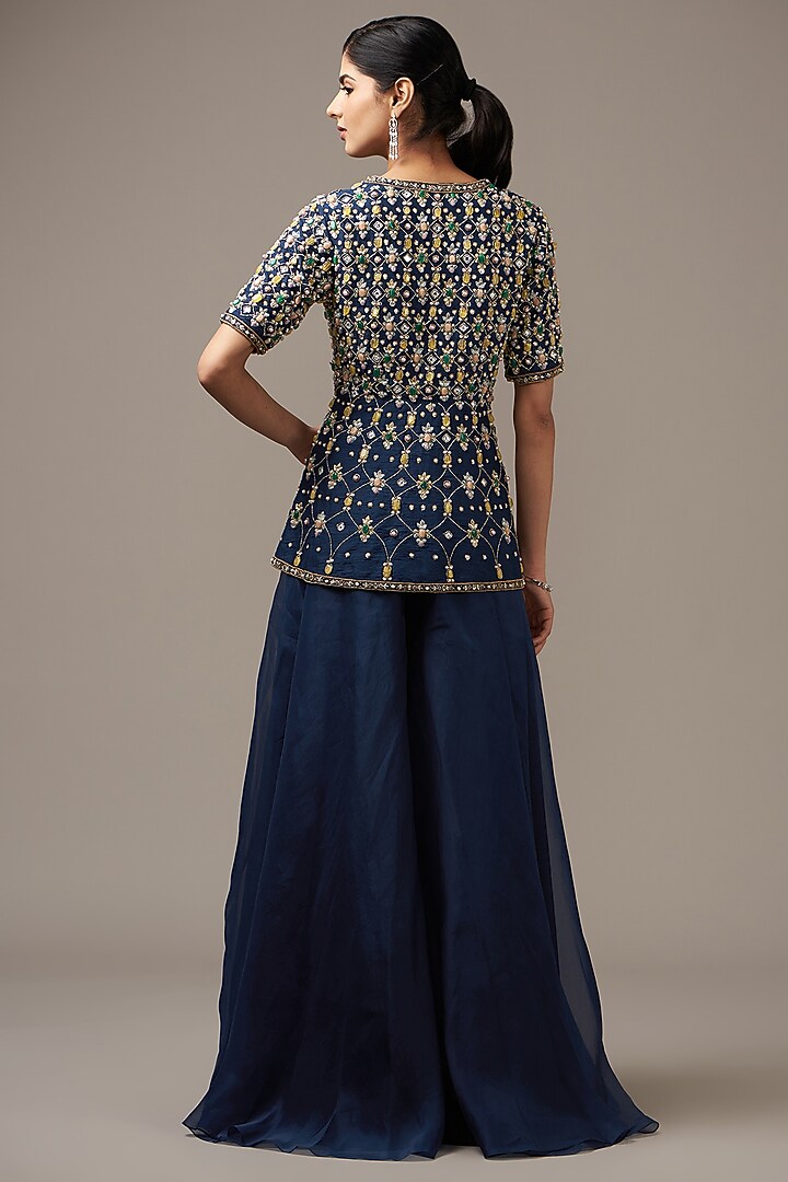 Navy Blue Organza Bridal Sharara Set by Ridhi Mehra at Pernia's Pop Up Shop