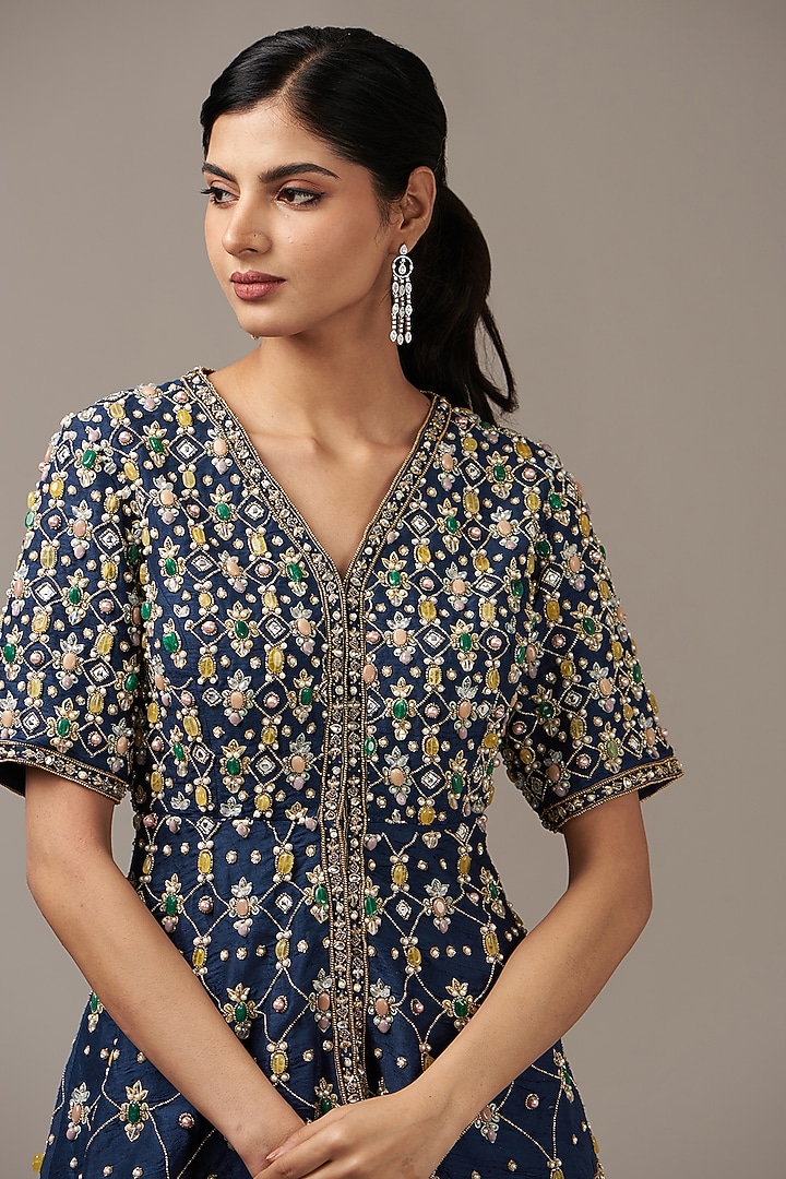 Navy Blue Organza Bridal Sharara Set by Ridhi Mehra at Pernia's Pop Up Shop