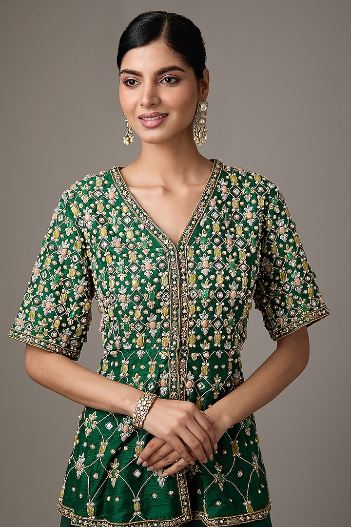 Emerald Green Organza Bridal Sharara Set by Ridhi Mehra at Pernia's Pop Up Shop