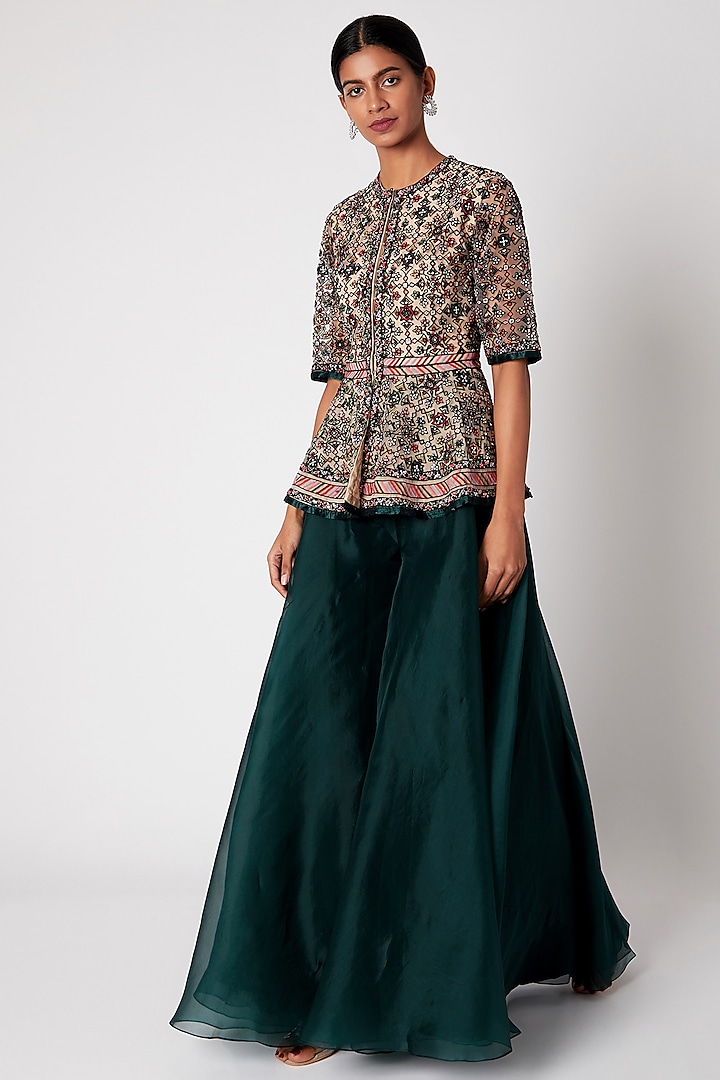 Emerald Green Embroidered Peplum Top With Pants by Ridhi Mehra