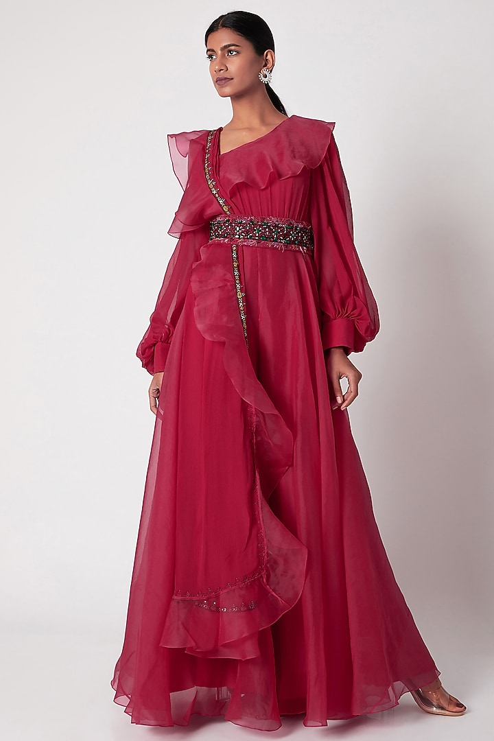 Fuchsia Jumpsuit With Ruffled Dupatta & Belt by Ridhi Mehra at Pernia's Pop Up Shop