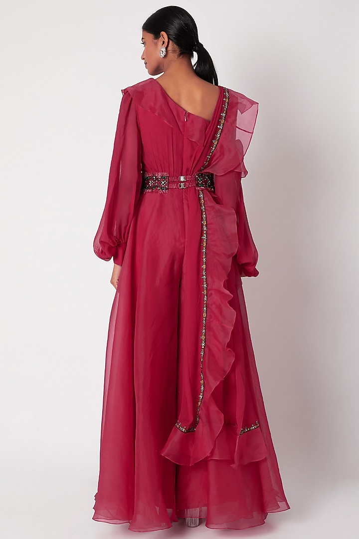 Fuchsia Jumpsuit With Ruffled Dupatta & Belt by Ridhi Mehra at Pernia's Pop Up Shop