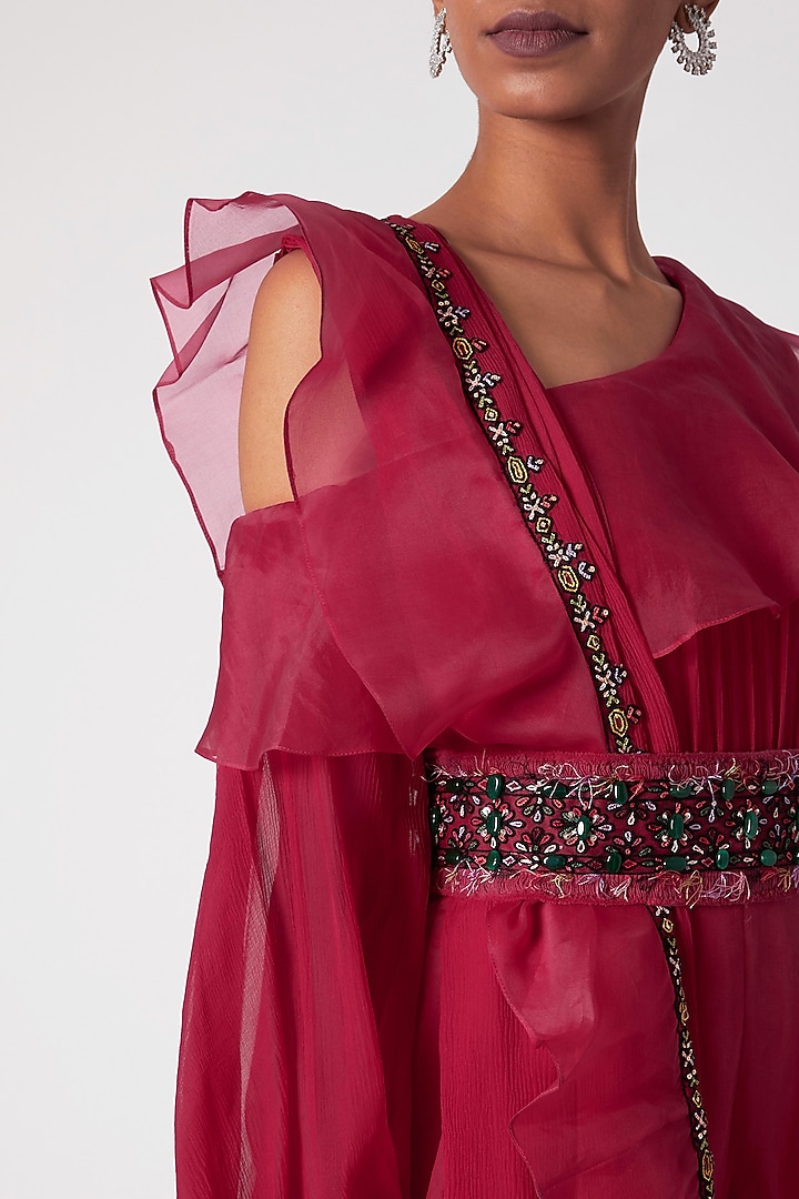 Fuchsia Jumpsuit With Ruffled Dupatta & Belt by Ridhi Mehra at Pernia's Pop Up Shop