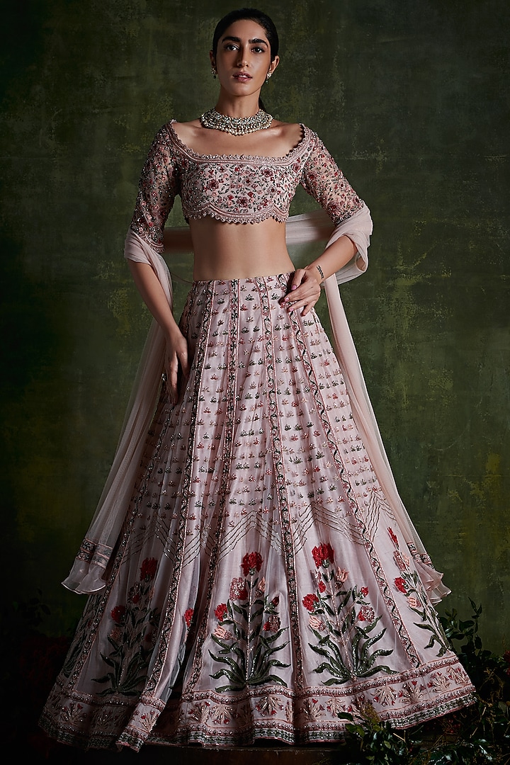 Pale Pink Net Embroidered Bridal Lehenga Set by Ridhi Mehra at Pernia's Pop Up Shop