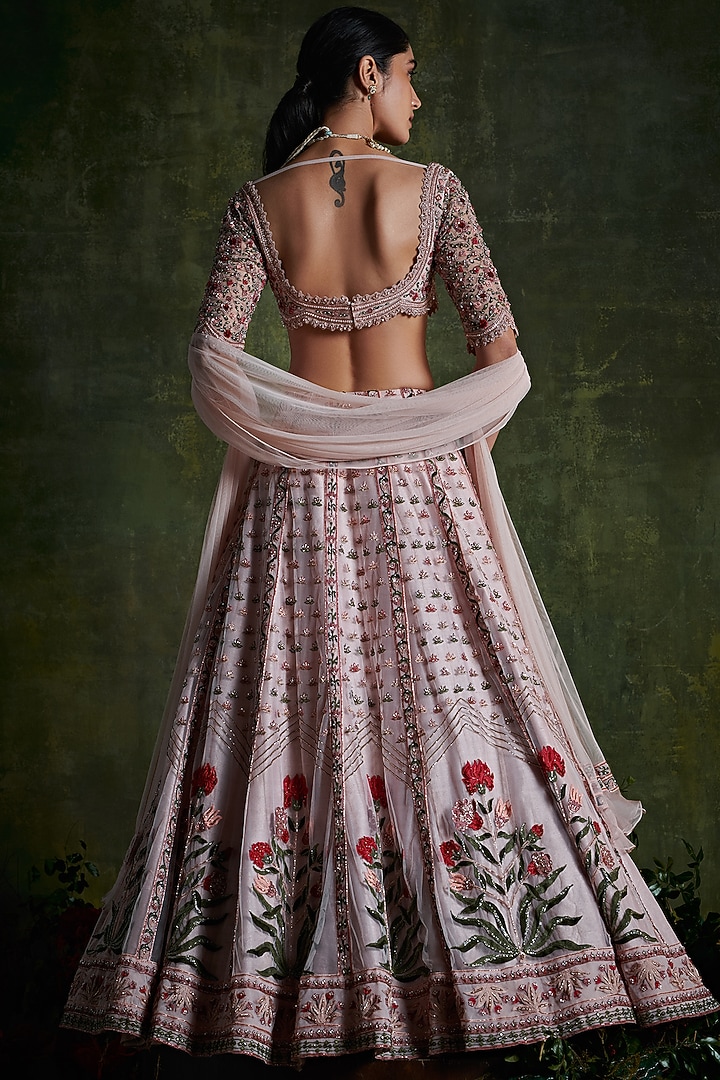 Pale Pink Net Embroidered Bridal Lehenga Set by Ridhi Mehra at Pernia's Pop Up Shop