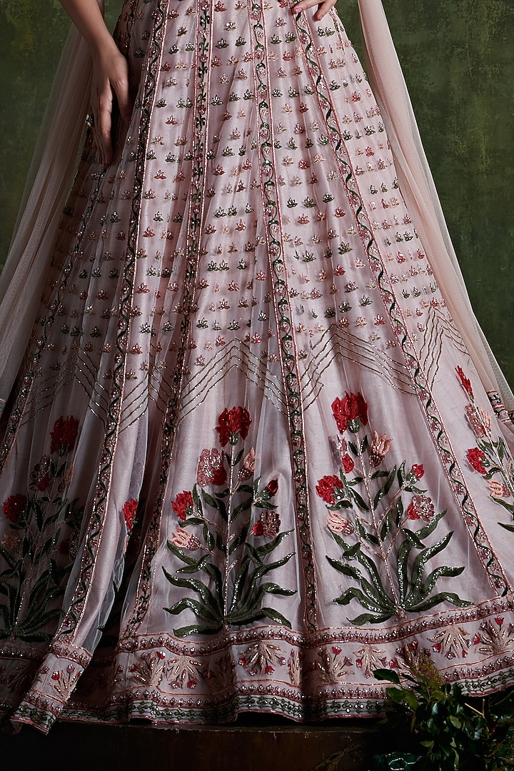 Pale Pink Net Embroidered Bridal Lehenga Set by Ridhi Mehra at Pernia's Pop Up Shop